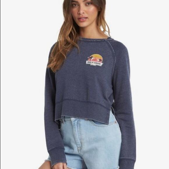 NWT Roxy Sweatshirt “Made Of Sunshine ” Blue Cropped Pullover Large - Picture 1 of 3